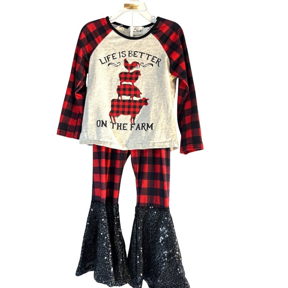 Marie Nicole Toddler Girls Graphic Pant Set Red/Black Sequined Bell Bottoms Size